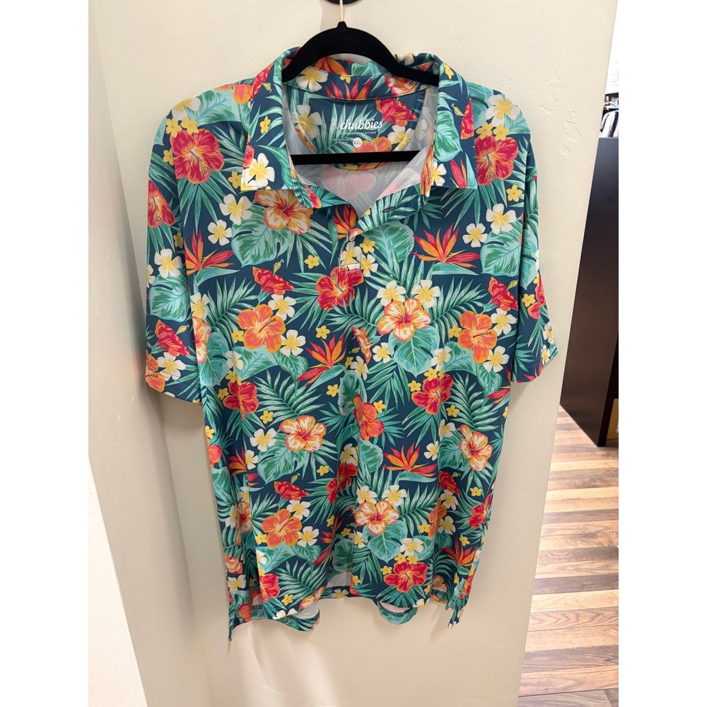 Chubbies Mens XXL Tropical Floral Performance Polo Shirt Teal Hibiscus
